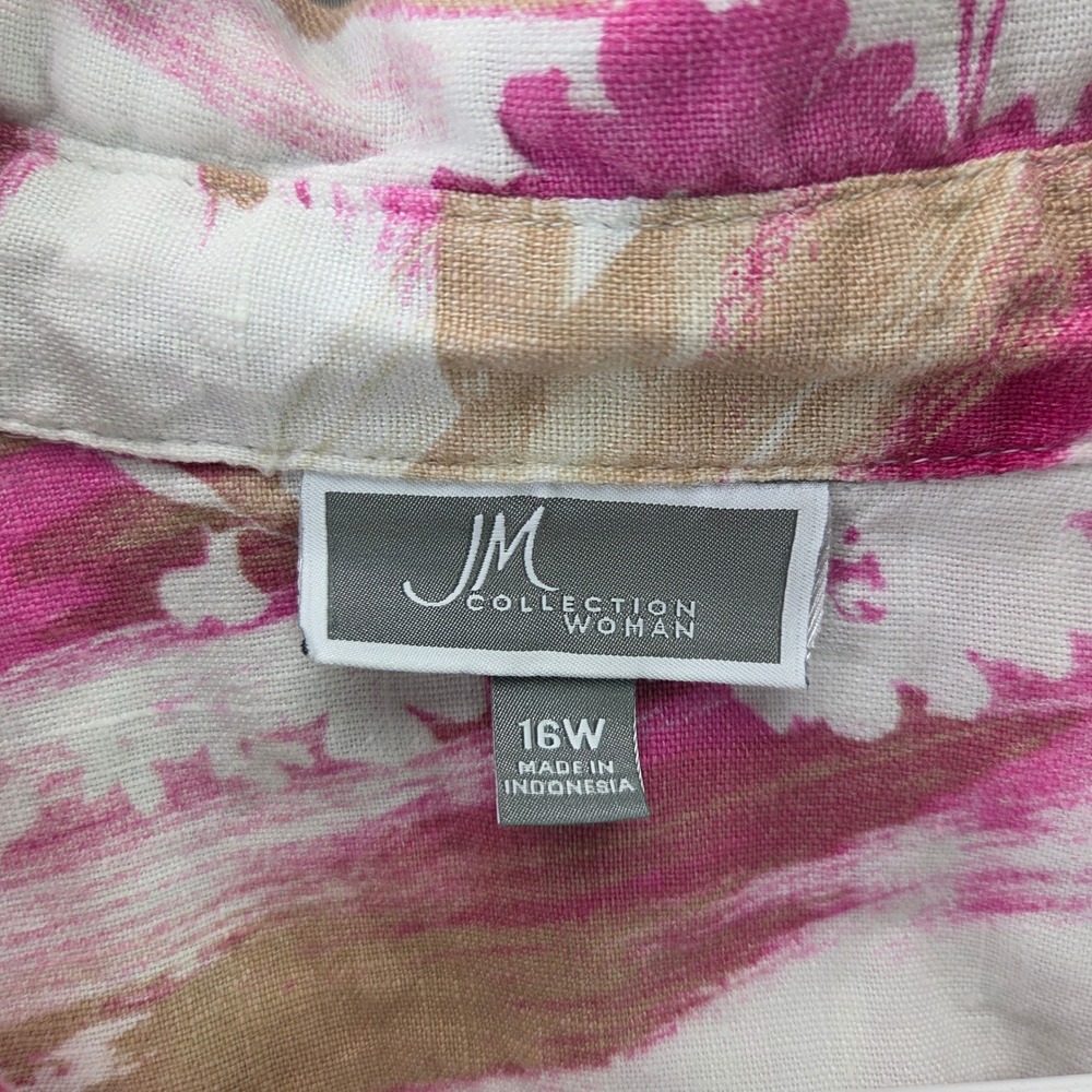 JM Collection Button Down Shirt Womens 16W Pink Tan Floral 100% Linen 3/4 Sleeve - Picture 4 of 8